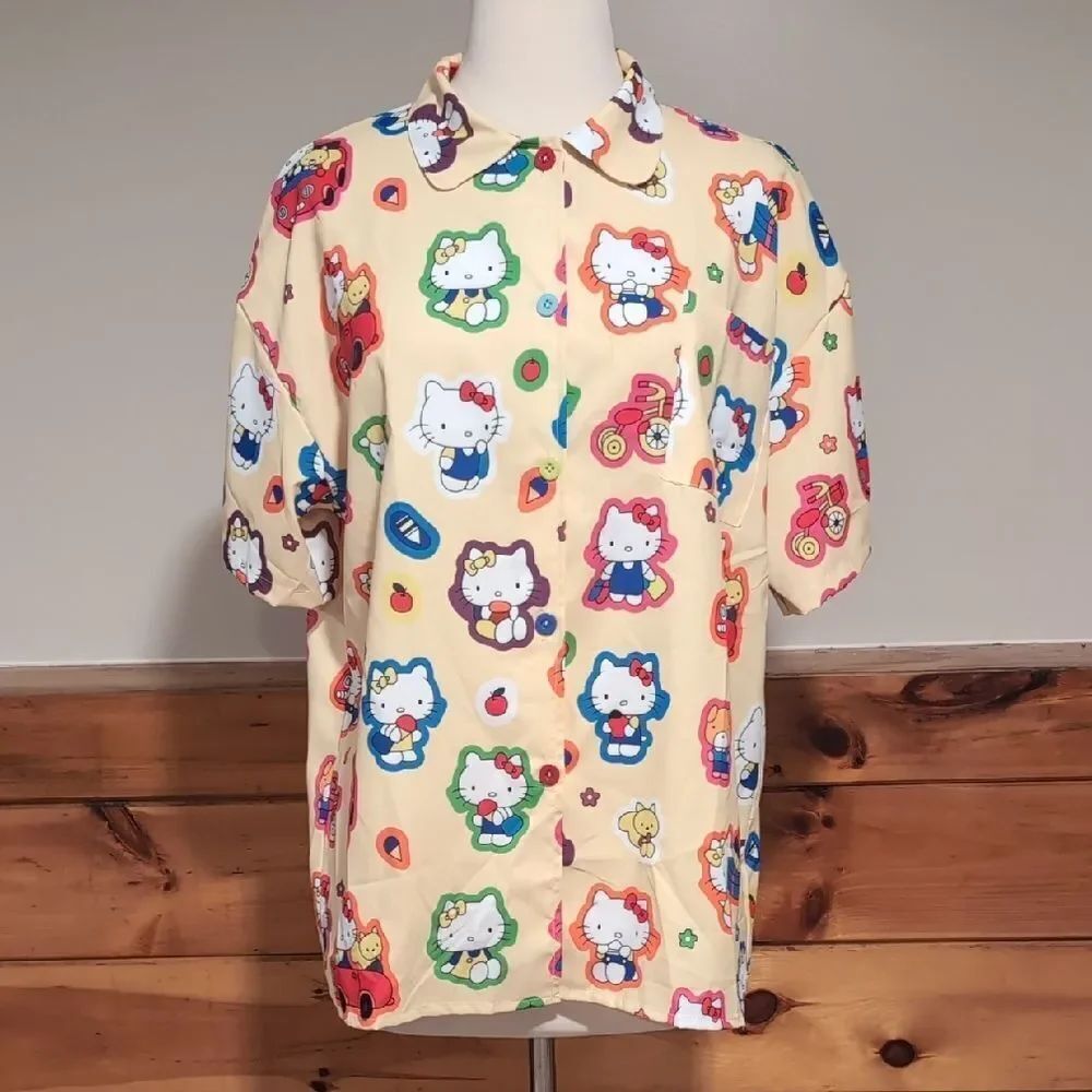 Cream and Red Button Down Shirt with Whimsical Print